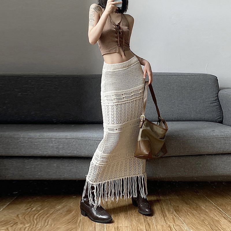 Solid Color Slim High Waist Fashion Casual Fringe Side Half Skirt