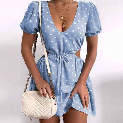 V-neck Dotted Prints Hollow-out Waist Short Sleeve Dress