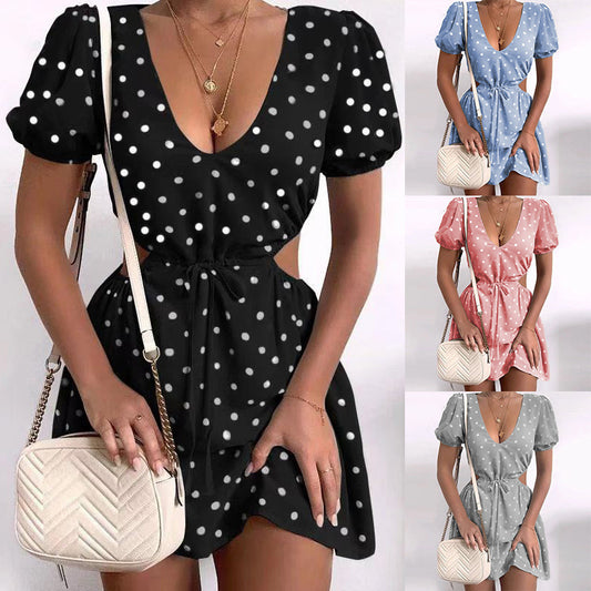 V-neck Dotted Prints Hollow-out Waist Short Sleeve Dress